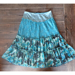 Vintage Y2K Rampage Skirt 6 Blue Floral Tiered Silk Sequin Boho Fairy 2000s
